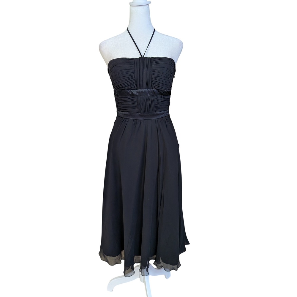 Max and Cleo Black 100% Silk Ruched Halter Midi Cocktail Dress Size 4 Whimsigoth